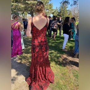 Ellie Wilde Black and Red Sparkly Floral Prom Dress